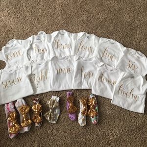 12 glitter monthly onesies and 12 headbands
